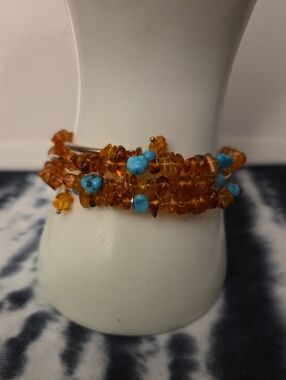 Vintage Amber and Turquoise Chip Beaded Wrap Bracelet - Women Jewelry